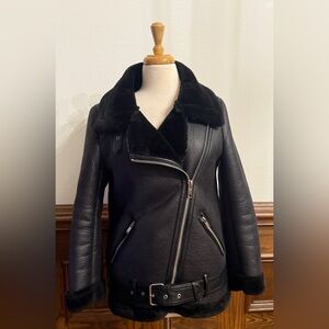 Zara Biker Moto Double Faced Jacket Faux Leather Shearling Black  SZ XS 2 4